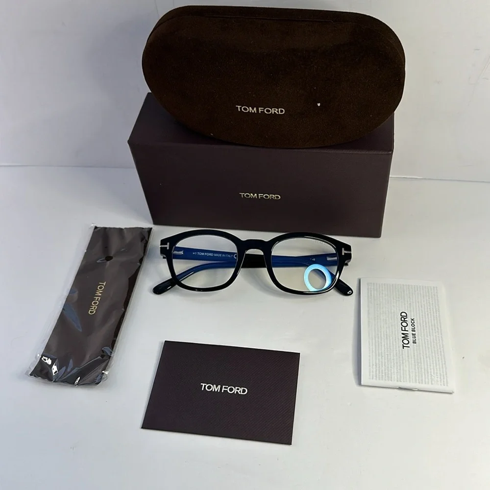 New - Authentic Tom Ford TF5808-B 001 Eyeglasses Men's Shiny Black/Blue Block …